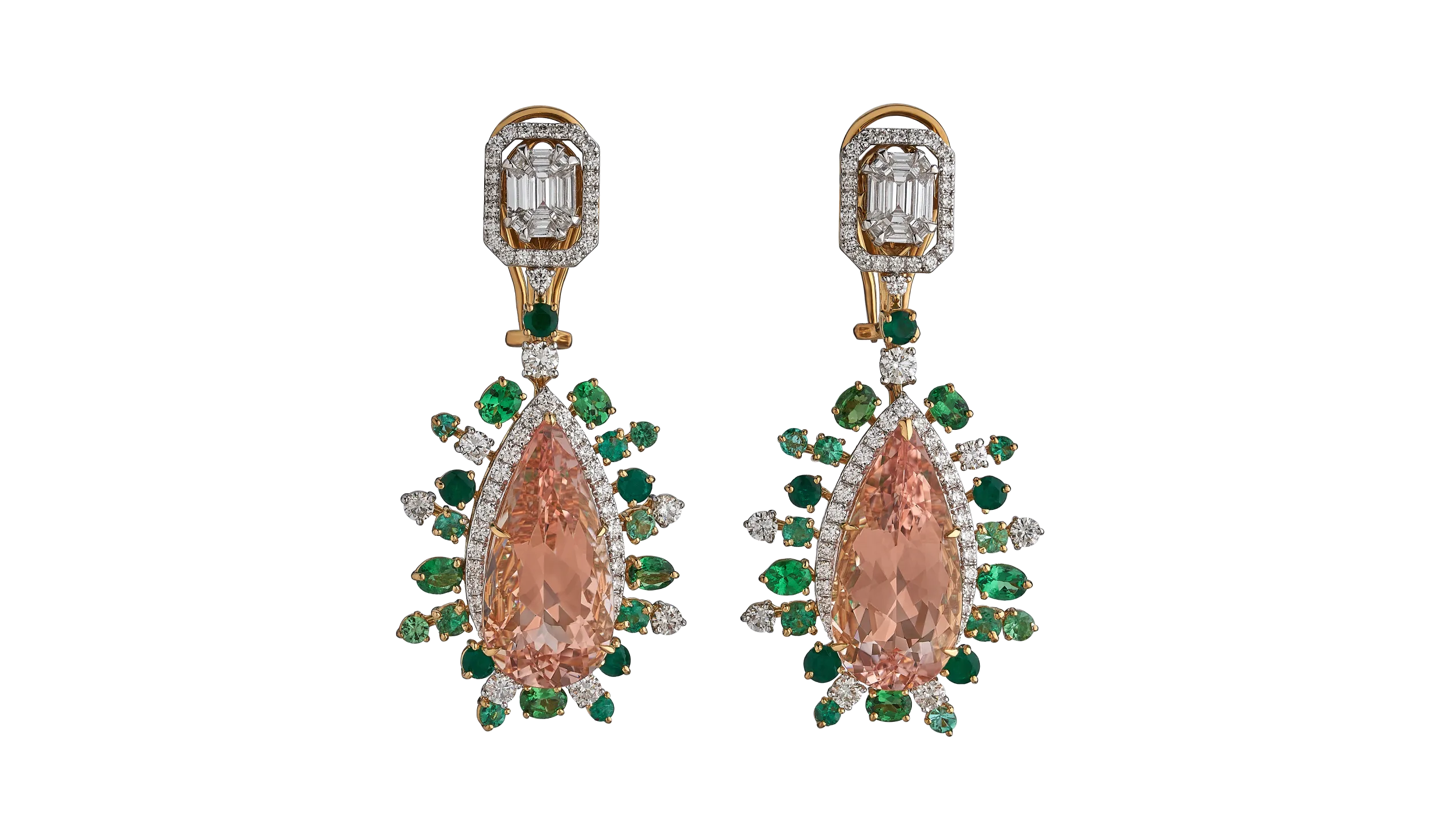 EARRINGS SET WITH MORGANITES, EMERALDS, TSAVORITE GARNETS, PARAIBA TOURMALINES, AND DIAMONDS IN 18K GOLD