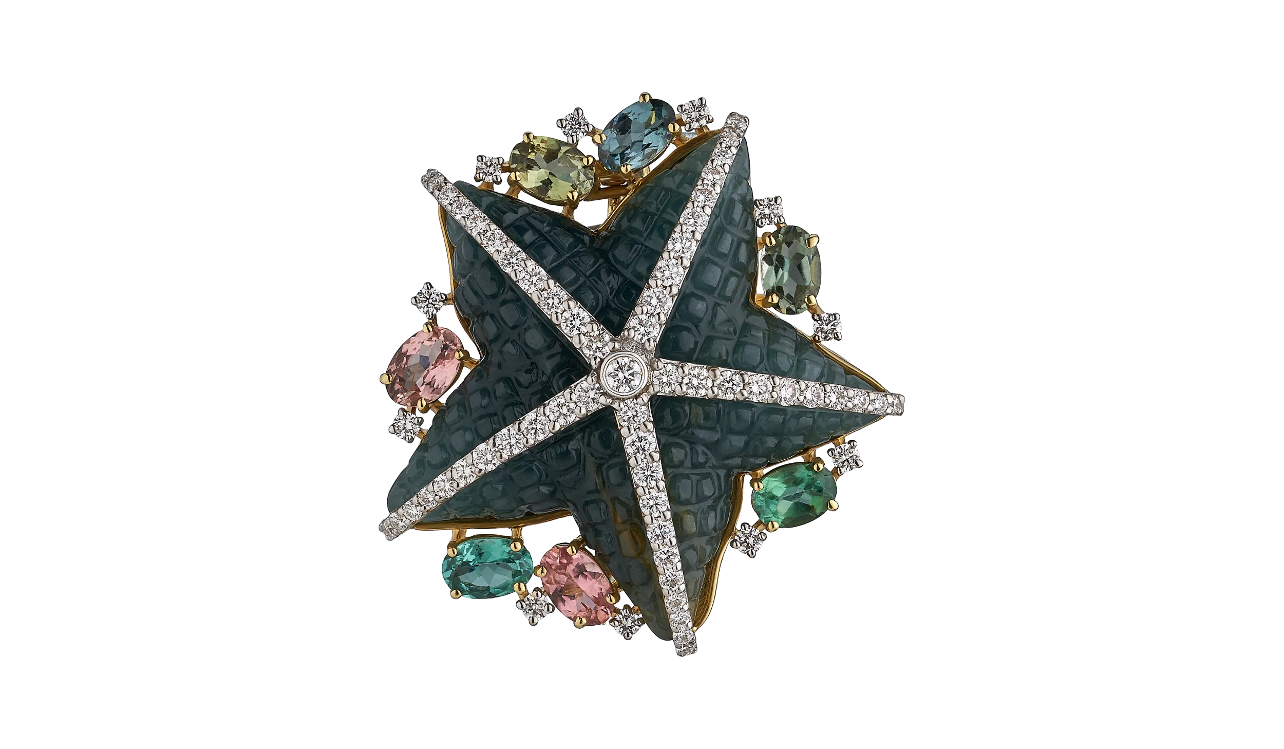 STARFISH PENDANT-BROOCH SET WITH GUATEMALAN BLUE JADE, MULTI-COLOUR TOURMALINES AND DIAMONDS IN 18K GOLD